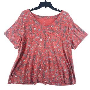 J.Jill Pima Cotton Paisley V-Neck Tee 2X Soft Slub Knit Short Sleeve Top